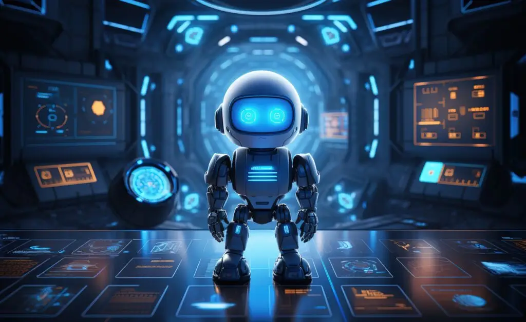 AI bot standing in front of tech graphics