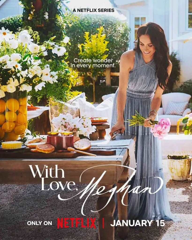 with love, meghan Netflix series advertisement poster. Showing Meghan Markle arranging a table with charcuterie